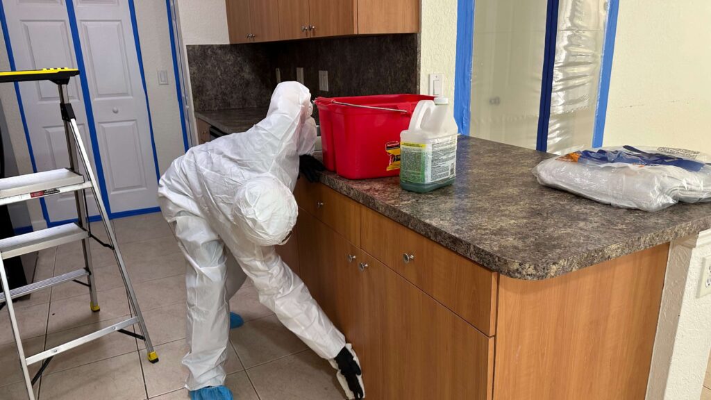 Professional Mold Remediation in West Palm Beach, FL 4 A person in a white suit scrubs a kitchen counter, removing mold and ensuring a clean, safe environment.