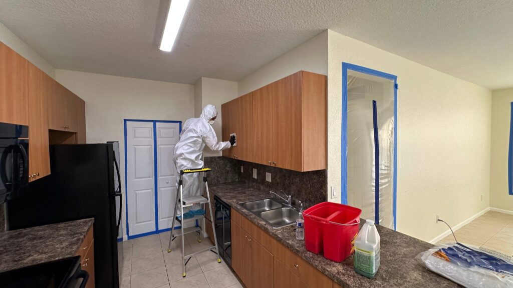 Professional Mold Remediation in West Palm Beach, FL 3 A man in a white suit is painting a kitchen while addressing mold cleaning.